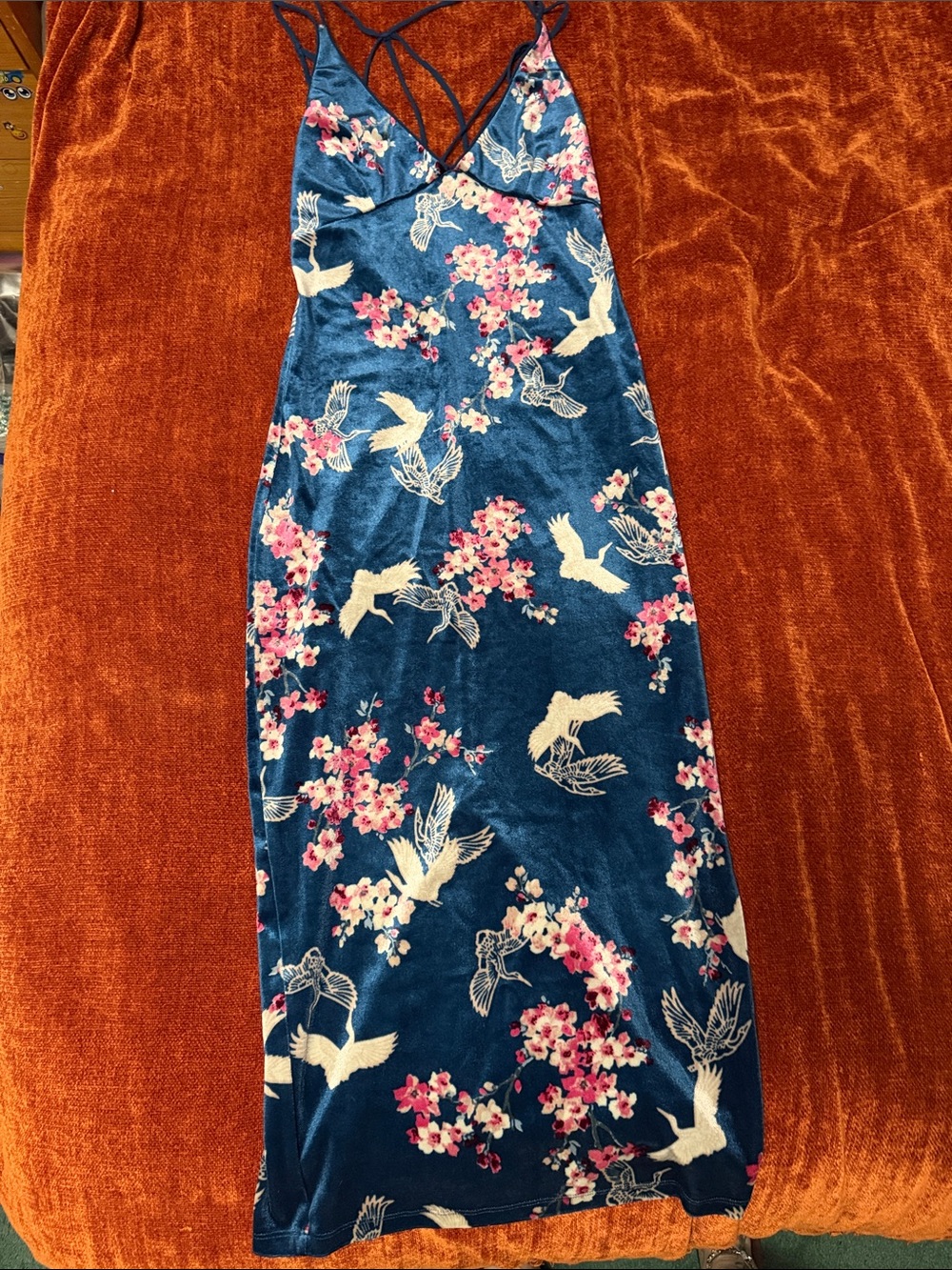 Blue Floral Stretch Velvet Skirt with Bird Print | S